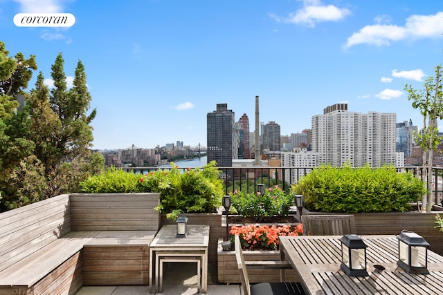 view of patio with a view of city and a water view