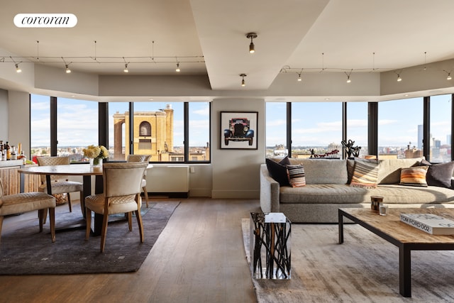 living room featuring hardwood / wood-style flooring, rail lighting, and a healthy amount of sunlight