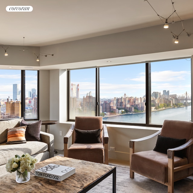 interior space featuring a view of city and visible vents