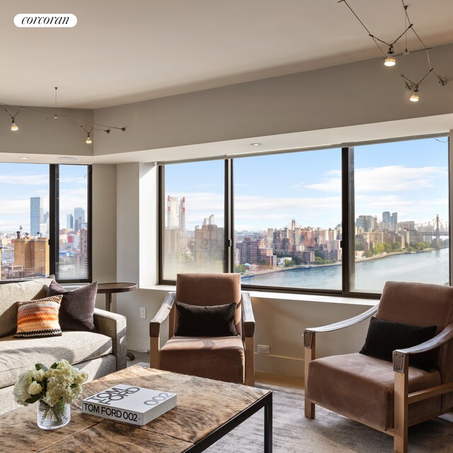 10 E End Ave Unit Ph21D, New York City, NY 10075 - living room featuring a view of skyline and a water view