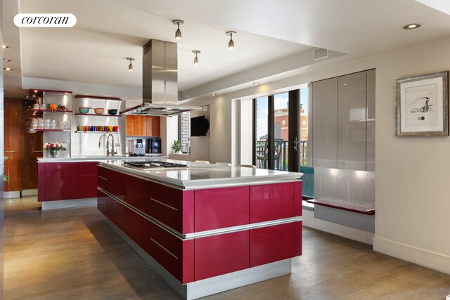 10 E End Ave Unit Ph21D, New York City, NY 10075 - kitchen featuring modern cabinets, island exhaust hood, wood finished floors, red cabinetry, and recessed lighting