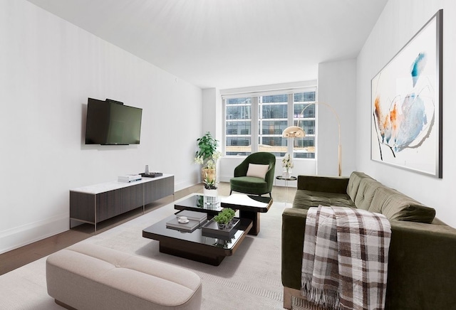 living room with baseboards and wood finished floors