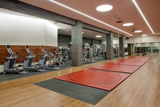 exercise room with hardwood / wood-style floors