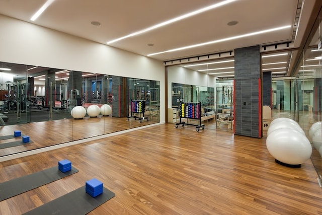 gym featuring hardwood / wood-style flooring