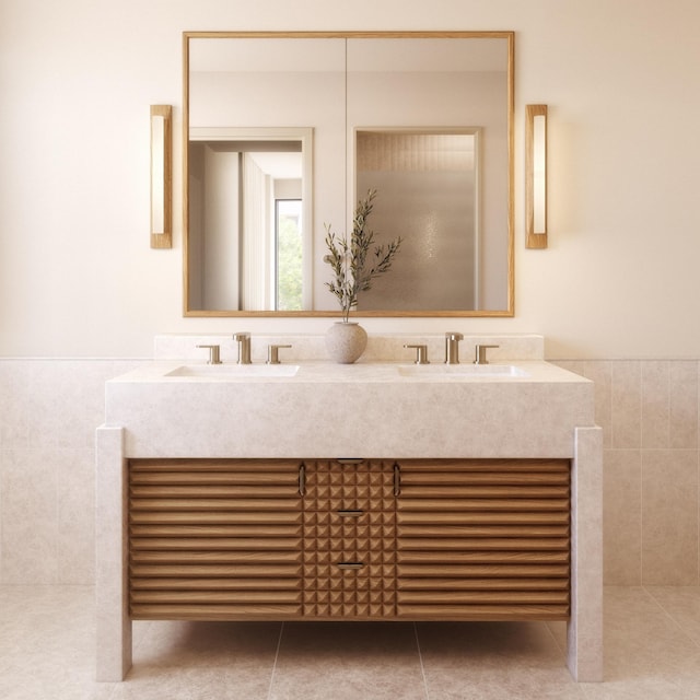 full bath with double vanity, tile patterned flooring, tile walls, and a sink