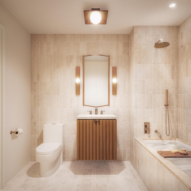 bathroom with tiled shower, toilet, tile patterned floors, vanity, and tile walls