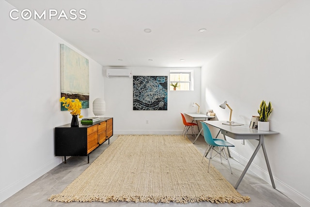 home office featuring recessed lighting, baseboards, and a wall mounted AC