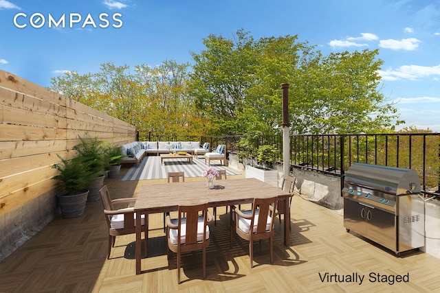 view of patio / terrace featuring outdoor lounge area, outdoor dining area, a fenced backyard, and a grill