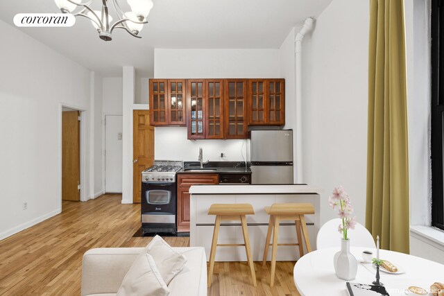 kitchen with sink, light hardwood / wood-style flooring, stainless steel appliances, and a chandelier