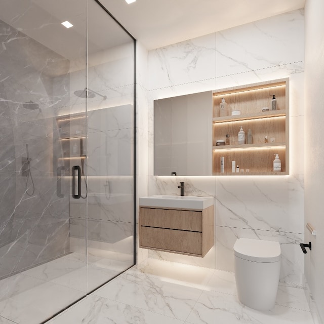 bathroom with vanity, tile walls, toilet, and walk in shower