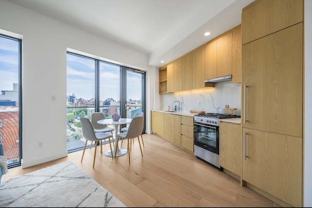 kitchen with sink, light brown cabinetry, light hardwood / wood-style floors, and stainless steel gas stove