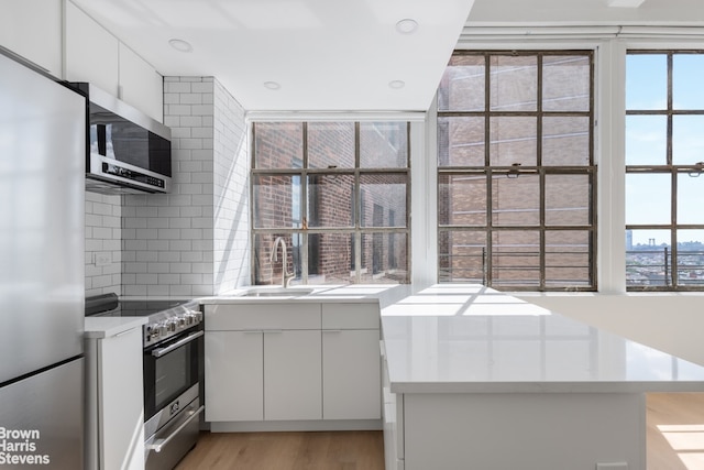 kitchen featuring light wood finished floors, tasteful backsplash, light countertops, appliances with stainless steel finishes, and a sink