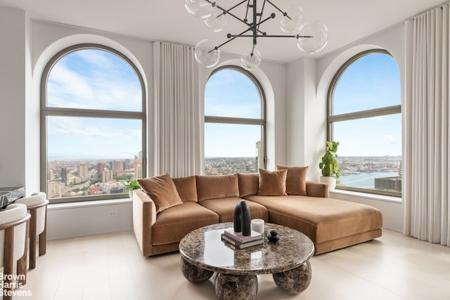 living room featuring a water view