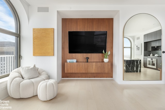 living room with a wealth of natural light and light wood-type flooring