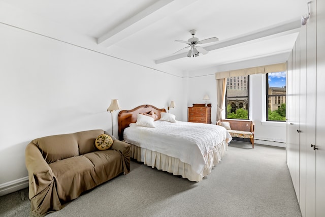 bedroom with beamed ceiling, baseboard heating, carpet flooring, and a ceiling fan