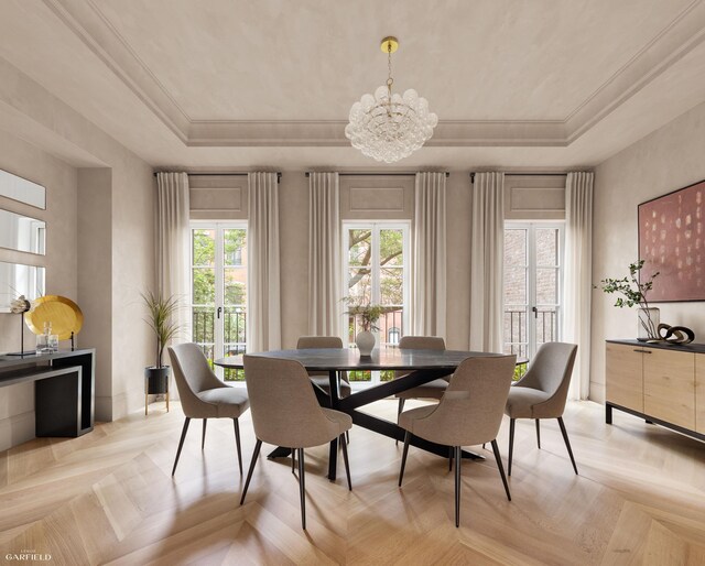 235 W 11th St, New York City, NY 10014 - dining space with a tray ceiling, a chandelier, and ornamental molding
