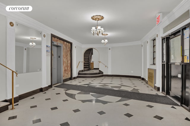 interior space featuring visible vents, ornamental molding, a chandelier, baseboards, and stairs