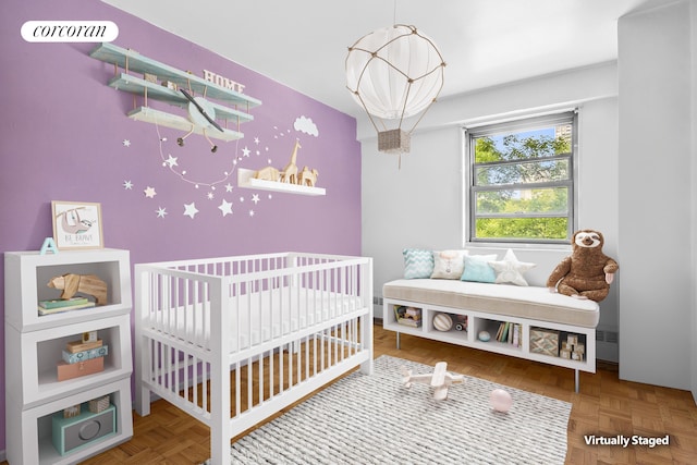 bedroom with an inviting chandelier and visible vents