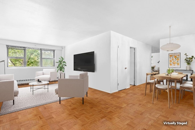 living room featuring light parquet flooring