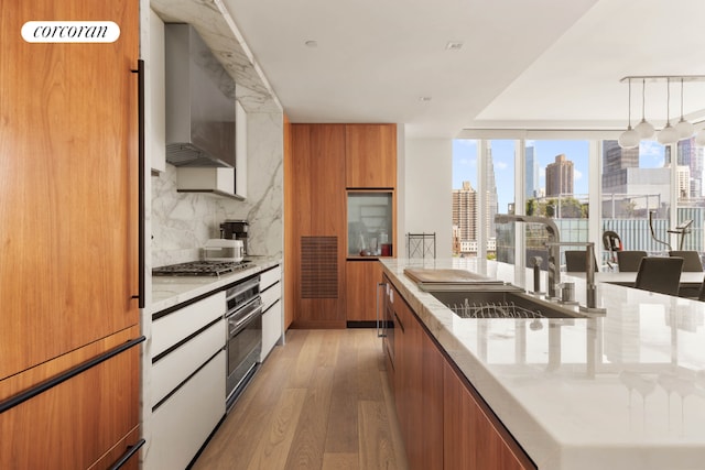 kitchen with appliances with stainless steel finishes, backsplash, light wood-type flooring, wall chimney range hood, and sink