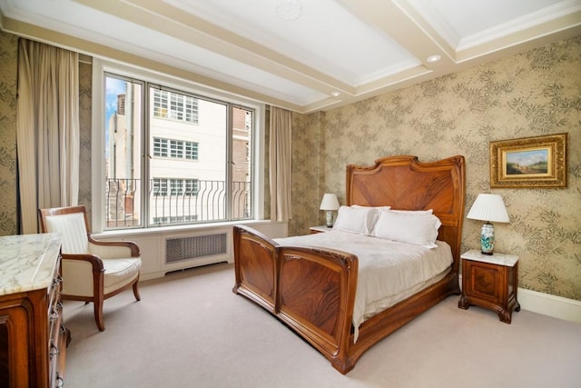 carpeted bedroom featuring beamed ceiling, crown molding, and radiator