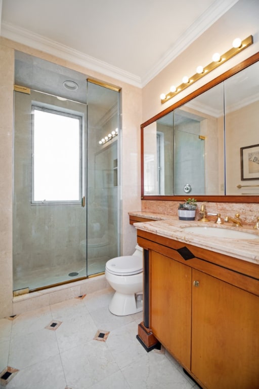 bathroom featuring vanity, crown molding, a shower with shower door, and toilet