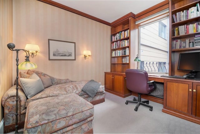 carpeted office space featuring ornamental molding