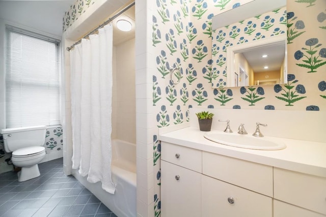 full bathroom with tile patterned flooring, vanity, toilet, and shower / tub combo with curtain