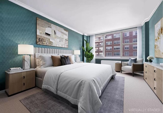 bedroom with crown molding and carpet floors