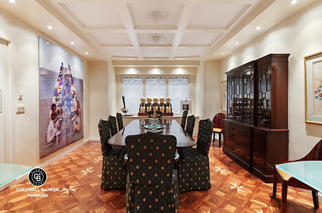 dining space featuring parquet floors and coffered ceiling