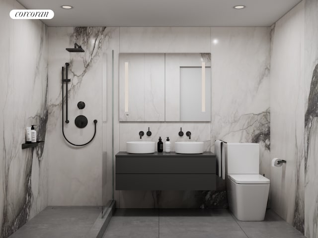 full bath with visible vents, toilet, a sink, a marble finish shower, and double vanity