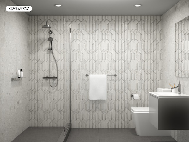 full bathroom featuring tile walls, recessed lighting, toilet, vanity, and tiled shower