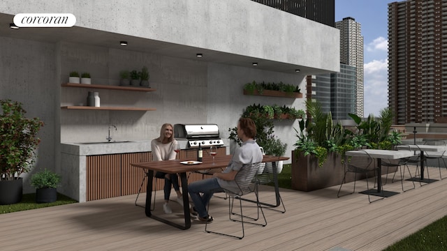 wooden terrace with a city view, a grill, and a sink