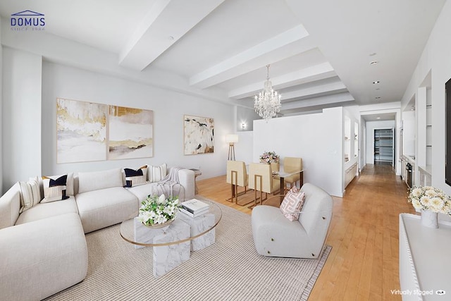 15 Broad St Unit 2206, New York City, NY 10005 - living room with a chandelier, light wood-type flooring, beamed ceiling, and recessed lighting