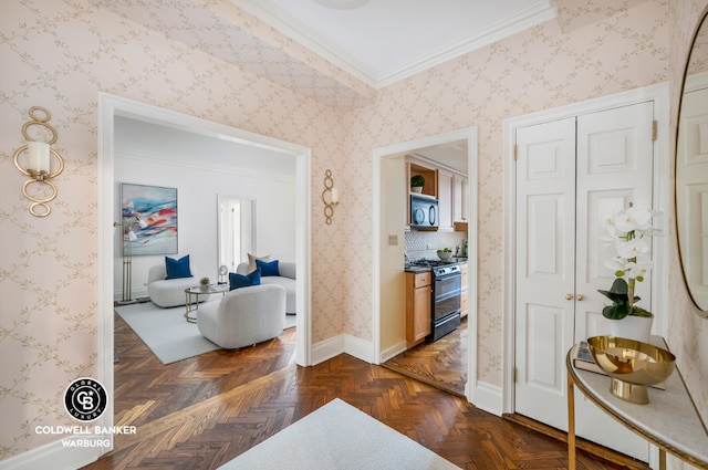 corridor with crown molding and dark parquet flooring