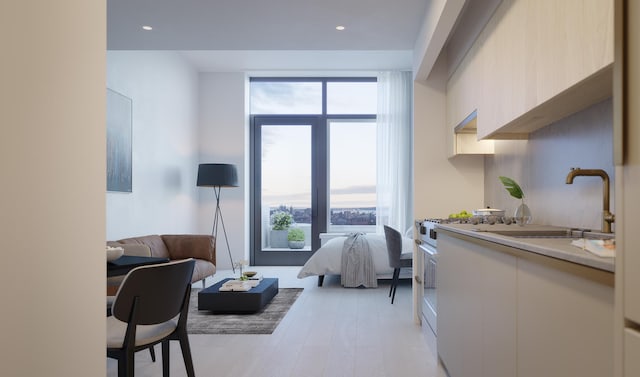 interior space with light wood-style floors and recessed lighting