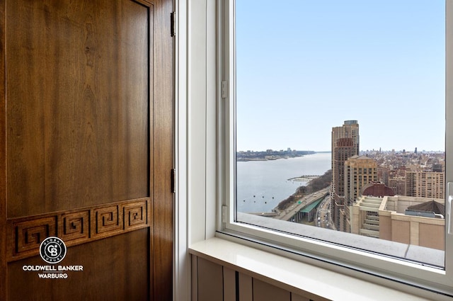 interior details with a water view