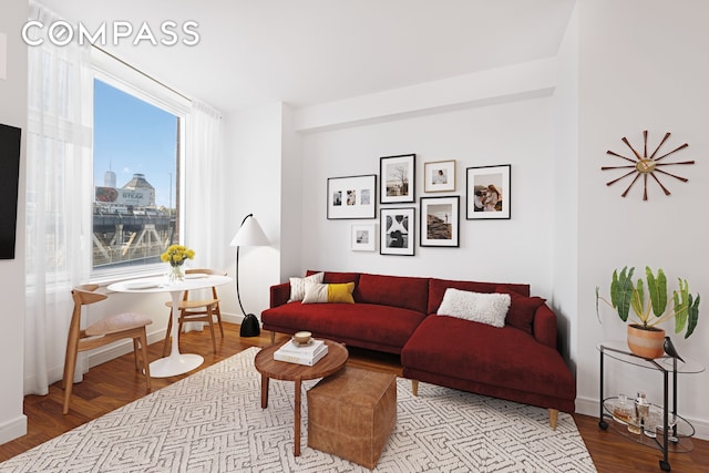 living room featuring baseboards, wood finished floors, and a view of city