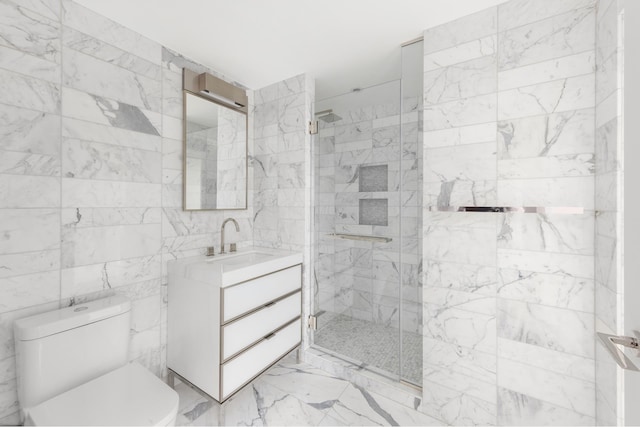 full bath featuring vanity, tile walls, toilet, and a stall shower