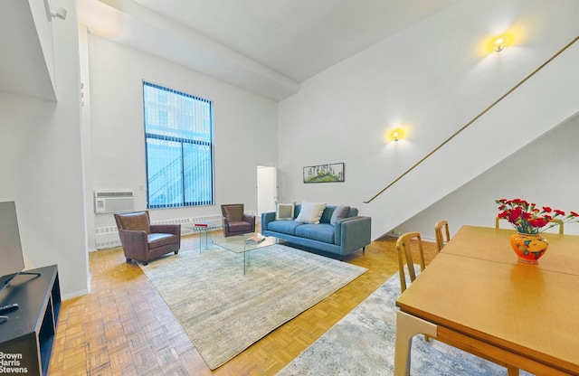 living room with parquet floors