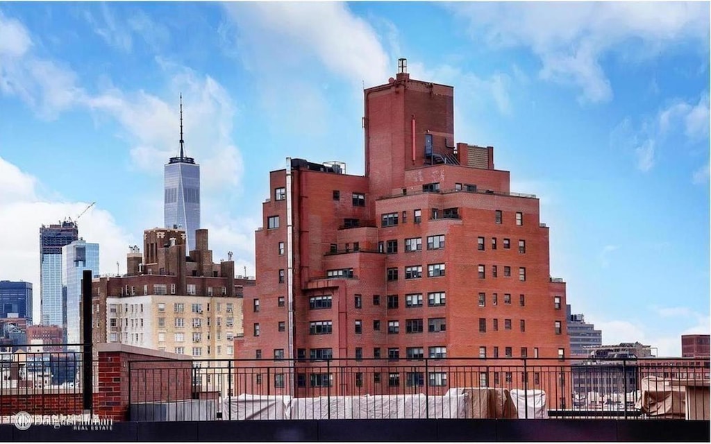view of building exterior with a city view
