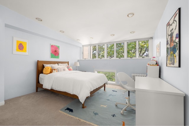 carpeted bedroom featuring multiple windows and recessed lighting