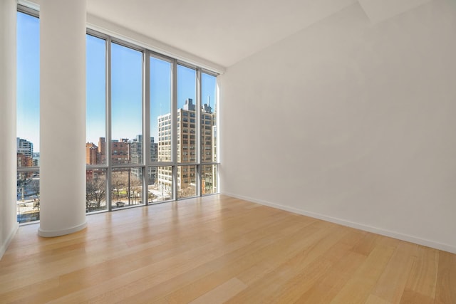 spare room featuring a city view, baseboards, wood finished floors, and floor to ceiling windows