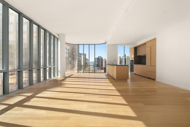 interior space featuring a sink, a view of city, wood finished floors, and expansive windows