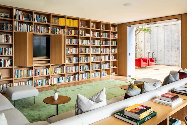 living area with bookshelves