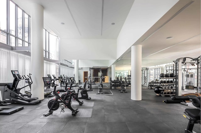 workout area with a towering ceiling