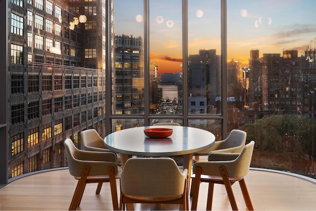 interior space with expansive windows and wood finished floors