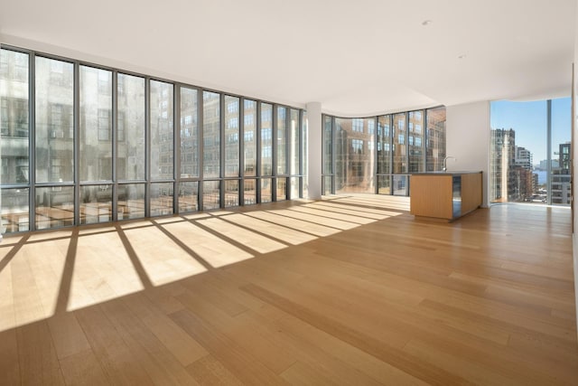 unfurnished sunroom featuring a city view and a sink