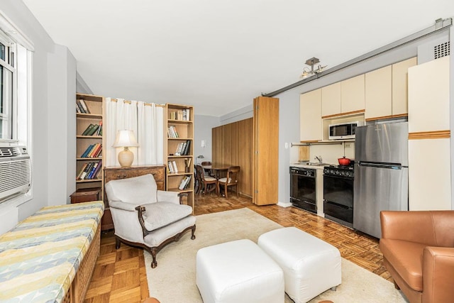 living room featuring light parquet floors