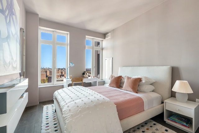 bedroom featuring multiple windows and dark wood-type flooring